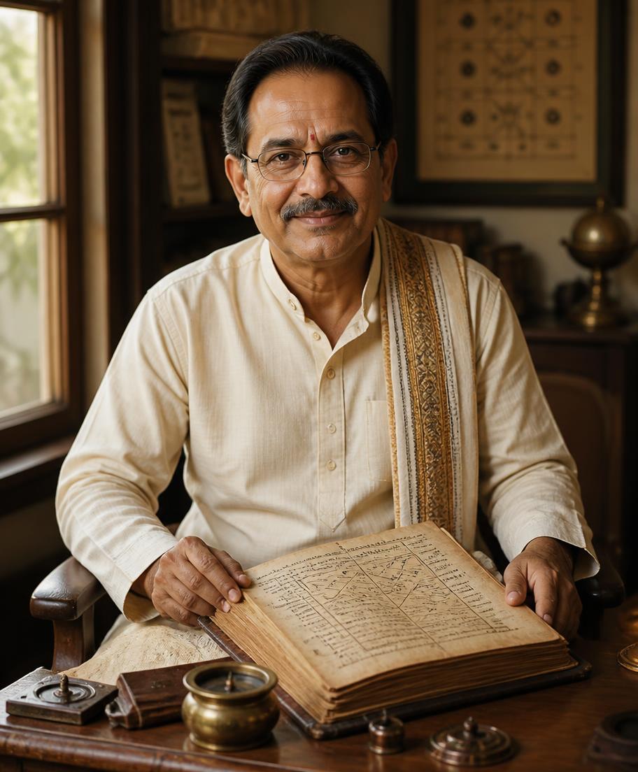 Pandit Purushotam Goswami, lead astrologer at MyKundli, studying an astrological manuscript