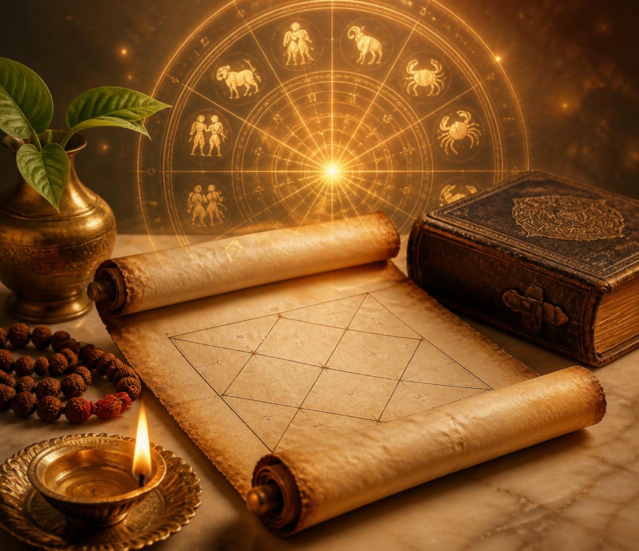 Ancient scroll with a hand-drawn Kundli chart beside a lit brass diya and rudraksha beads